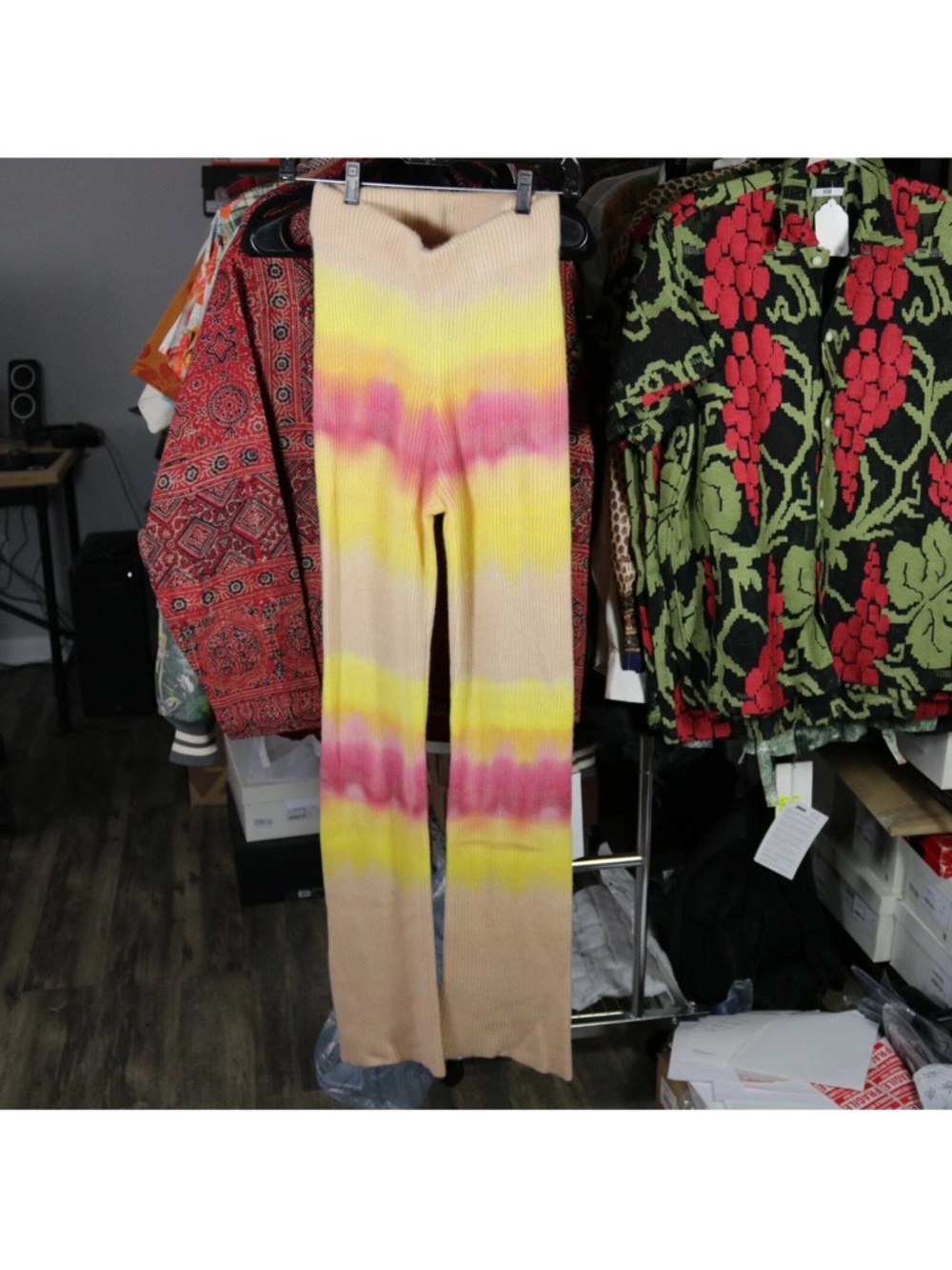 The Elder Statesman Tie-Dye Ribbed Knit Pants in Beige, Yellow & Pink